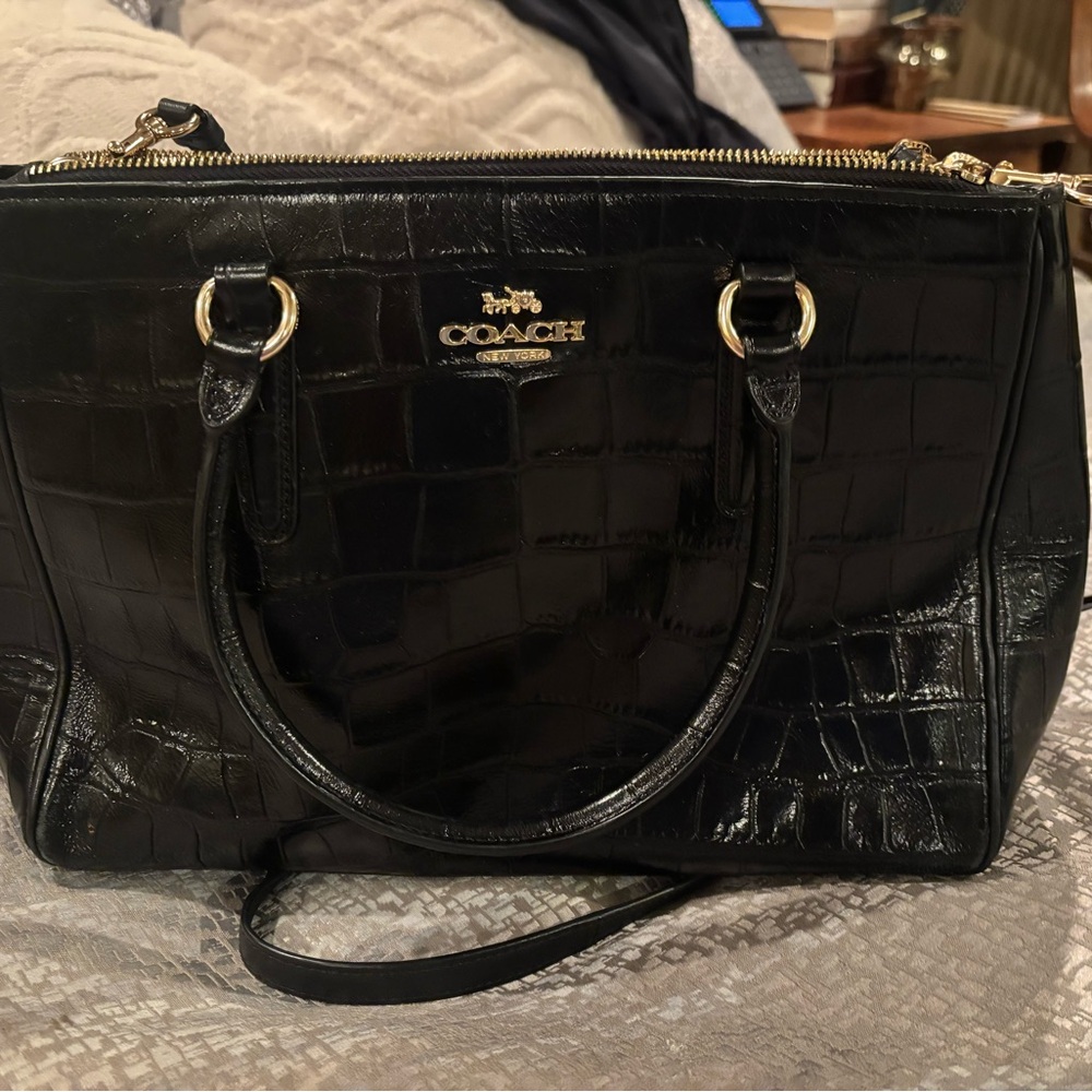 Coach Black Croc-Patterned Satchel